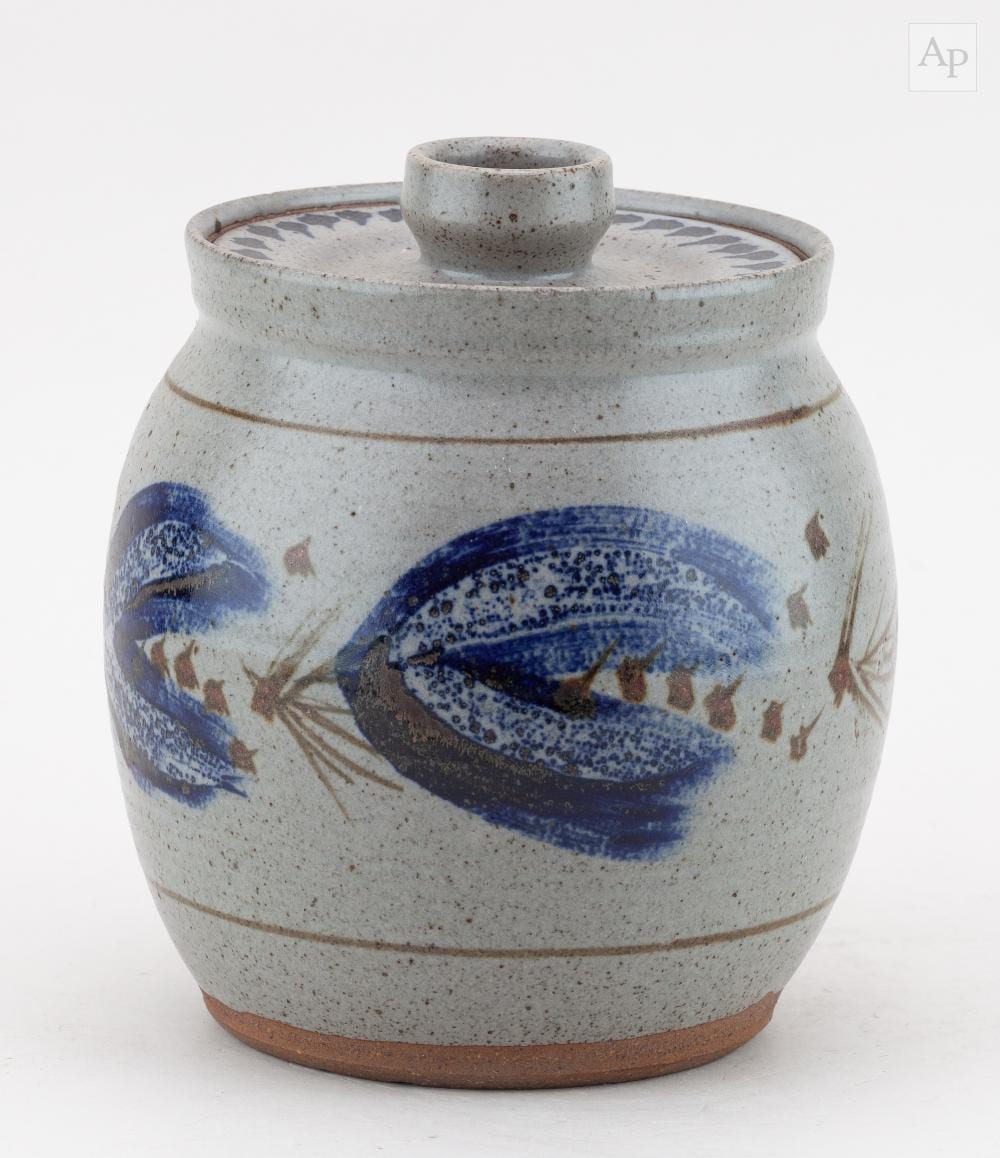 Marianne de Trey comparable auction result: marianne de trey 1913 2016 a stoneware jar and cover covered in speckled grey glaze with iron and cobalt decoration impressed shell mark height 19 5cm