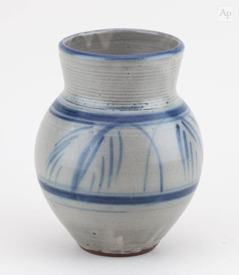 Michael Cardew comparable auction result: michael cardew 1901 1983 for vume pottery a stoneware vase covered in grey glaze with cobalt decoration impressed mc mark made 1945 48 height 19 5cm