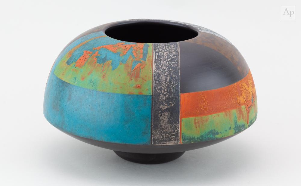 Tony Laverick comparable auction result: tony laverick born 1961 a black porcelain vessel covered in blocks of different colours and lustred metallic decoration painted tl mark dated 2016 diameter 21 5cm
