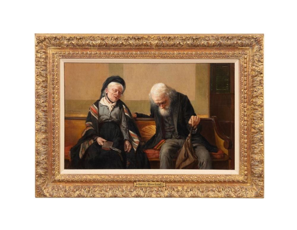 Harry Roseland comparable auction result: harry roseland sleeping couple on pew oil