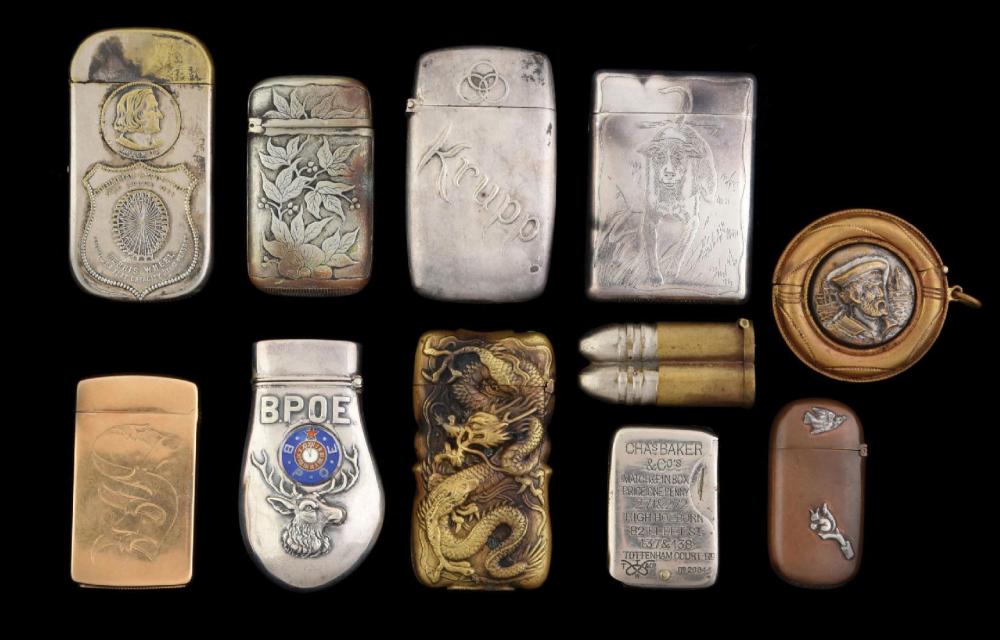 LOT OF 11: VINTAGE MATCH SAFES sold by Morphy Auctions, lot 1460 — auction record photograph