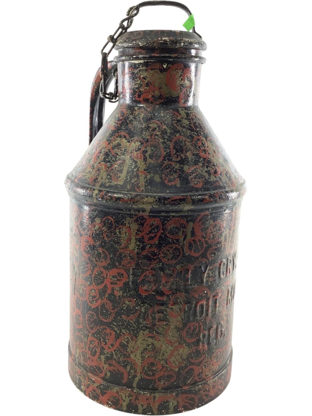 Antique galvanized steel milk can with colorful painted floral and script designs, metal handle, and lid.