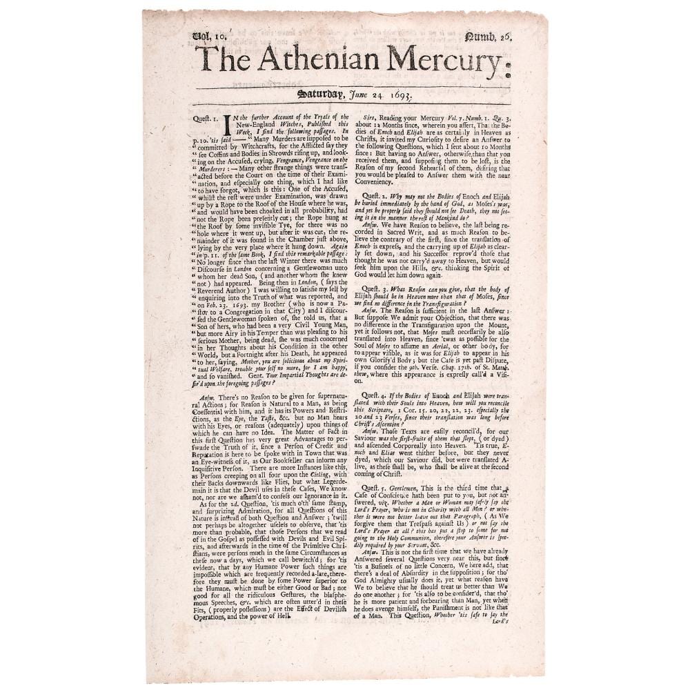Printed newspaper page titled “The Athenian Mercury,” dated Saturday, June 24, 1693, with columns of small black text.