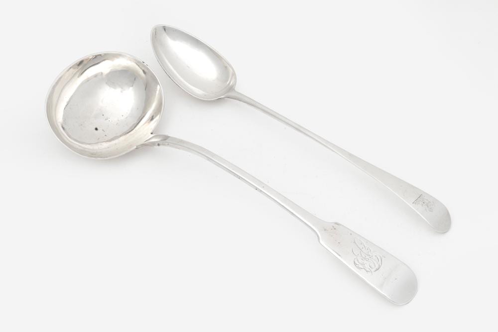 A sterling silver George III Old English basting spoon, London 1787, and a Victorian Fiddle pattern soup ladle, Newcastle upon Tyne, 1871 sold by Gibson's, lot 867 — auction record photograph