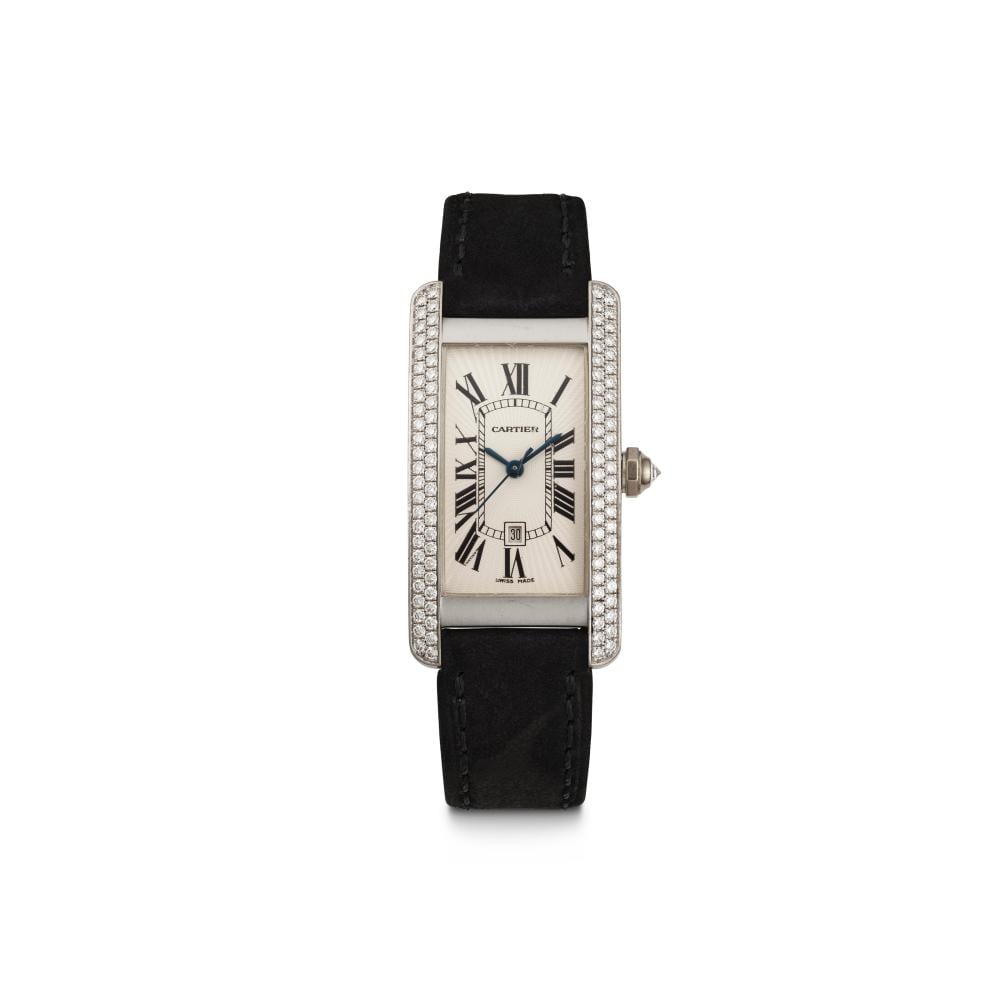 Front view of a rectangular diamond-studded wristwatch with a black leather strap and Roman numeral dial.