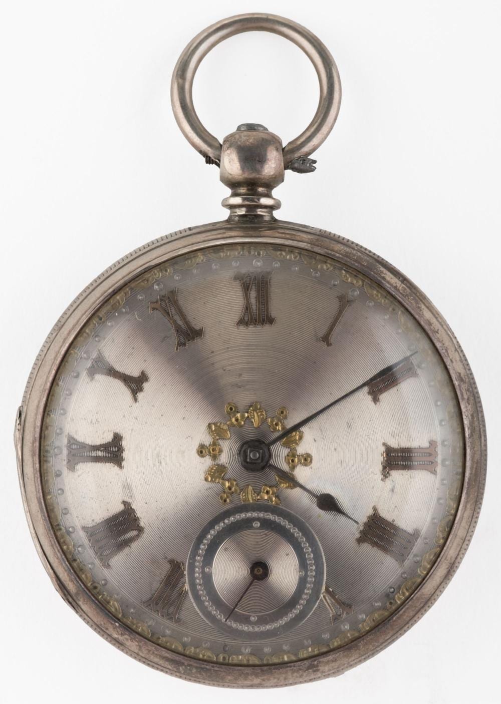 Open-face pocket watch with a white dial, gold-toned ornate hands, and Roman numeral markers, photographed front view.