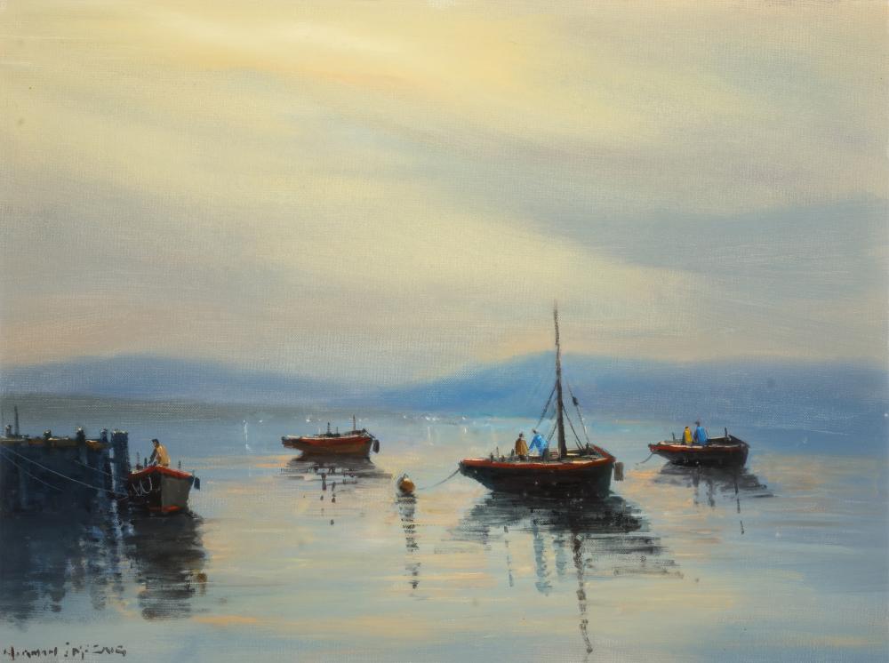 Norman J. McCaig comparable auction result: norman j mccaig 1929 2000 corrib fishing boats oil on artist s board 45 x 60cm 17 x 23 signed inscribed with title verso