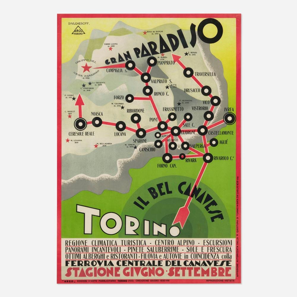 Nicolaj Diulgheroff comparable auction result: nicolaj diulgheroff ferrovia centrale del canavese gran paradiso torino vintage poster