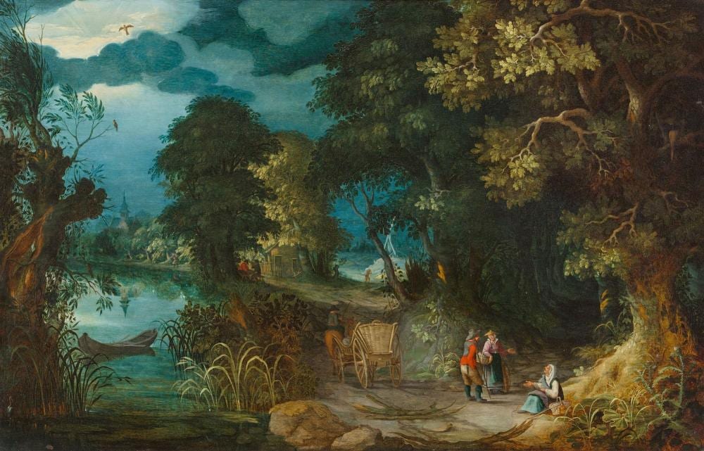 Abraham Govaerts comparable auction result: abraham govaerts landscape with a barge on a river a horse cart and travellers
