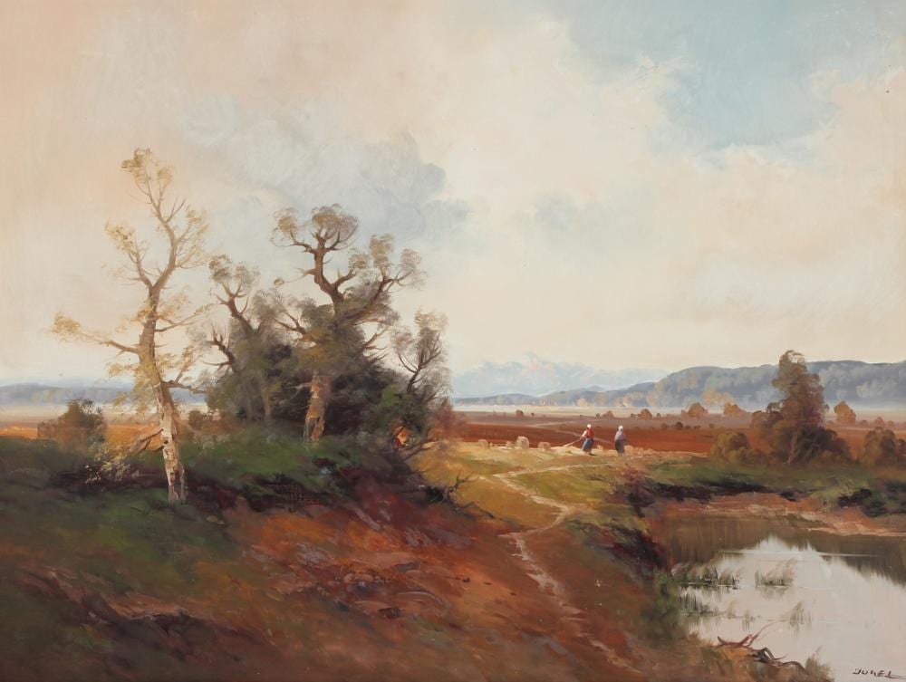 ernst jugel 1913 1985 landscape with figures oil on canvas signed 59 x 80cm · John Nicholson's Fine Art Auctioneers & Valuers · 2025-11-12 Ernst Jugel comparable auction result: ernst jugel 1913 1985 landscape with figures oil on canvas signed 59 x 80cm