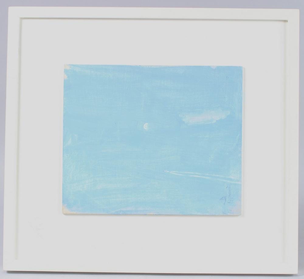 Danny Markey comparable auction result: danny markey b 1965 blue sky with moon and jet stream oil on board 20 5 x 24 5cm