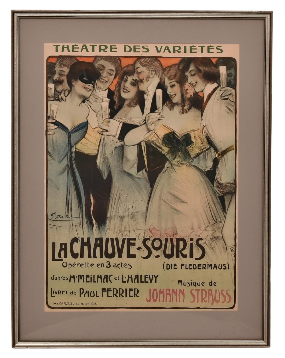 Framed vintage lithograph poster featuring a group of women in period clothing holding drinks, with “TÁEATRE DES VARIETÉS” text at the top and “LA CHAUVE-SOURIS
