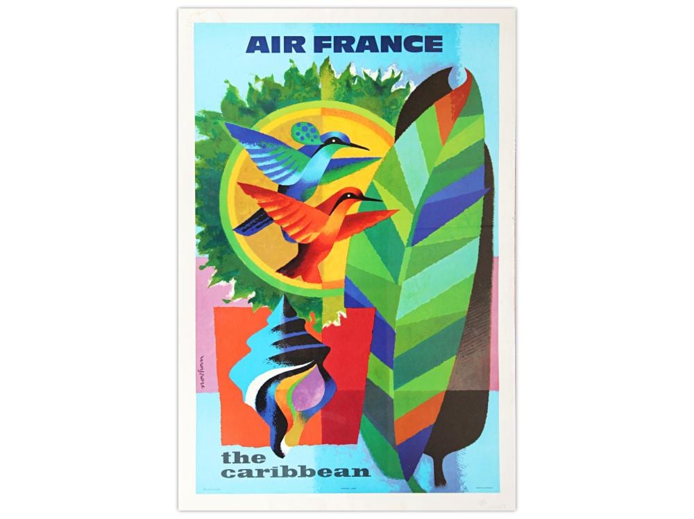 Color travel poster showing two birds in mid-flight above a tropical landscape, with the text “AIR FRANCE” and “the caribbean.”
