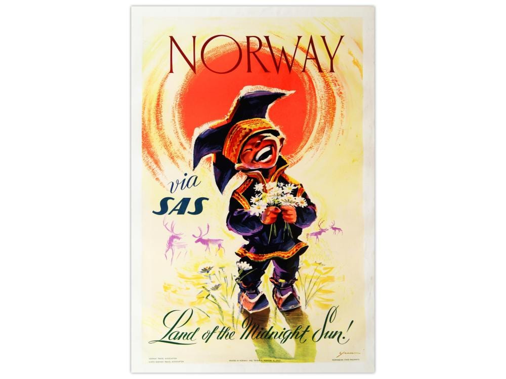Color travel poster showing the word “NORWAY” above a cartoon costumed character holding flowers, with the text “via SAS” and “Land of the Midnight Sun” below.