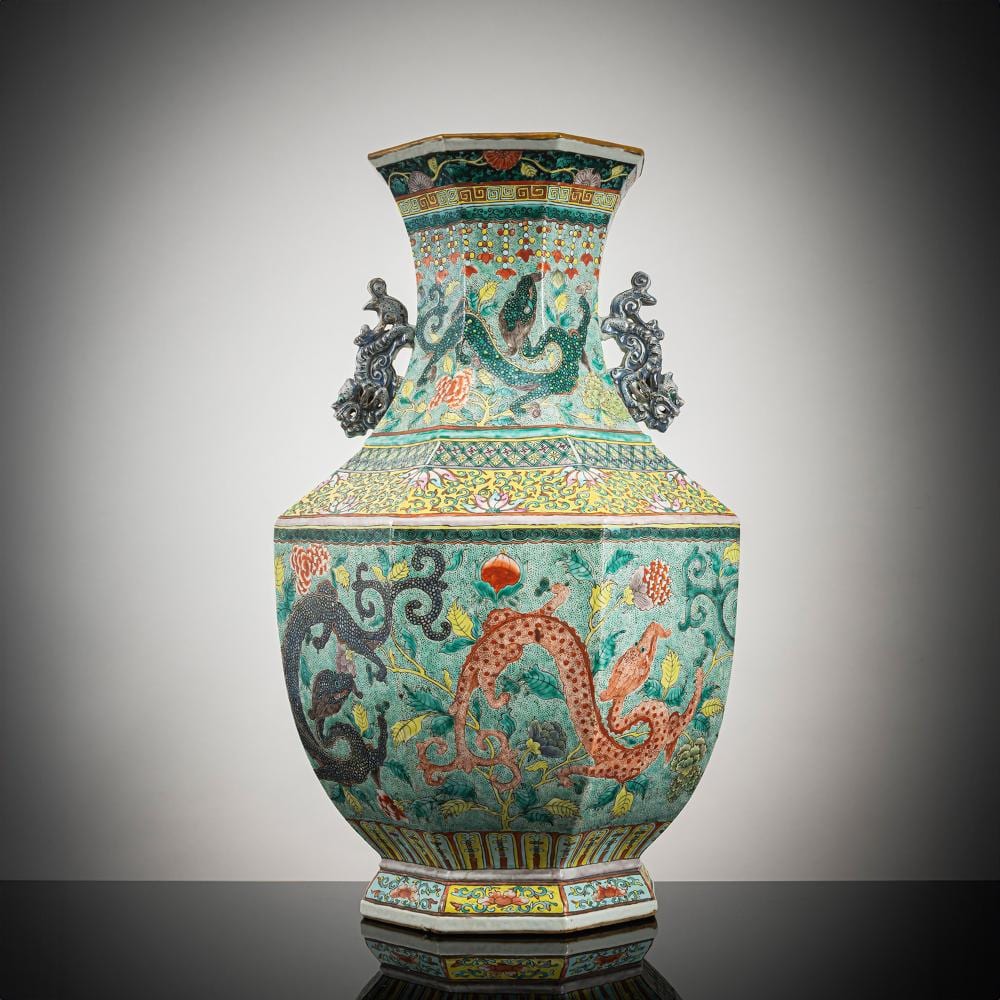 A hexagonal 'famille rose' porcelain vase sold by Nagel Auction, lot 504 — auction record photograph