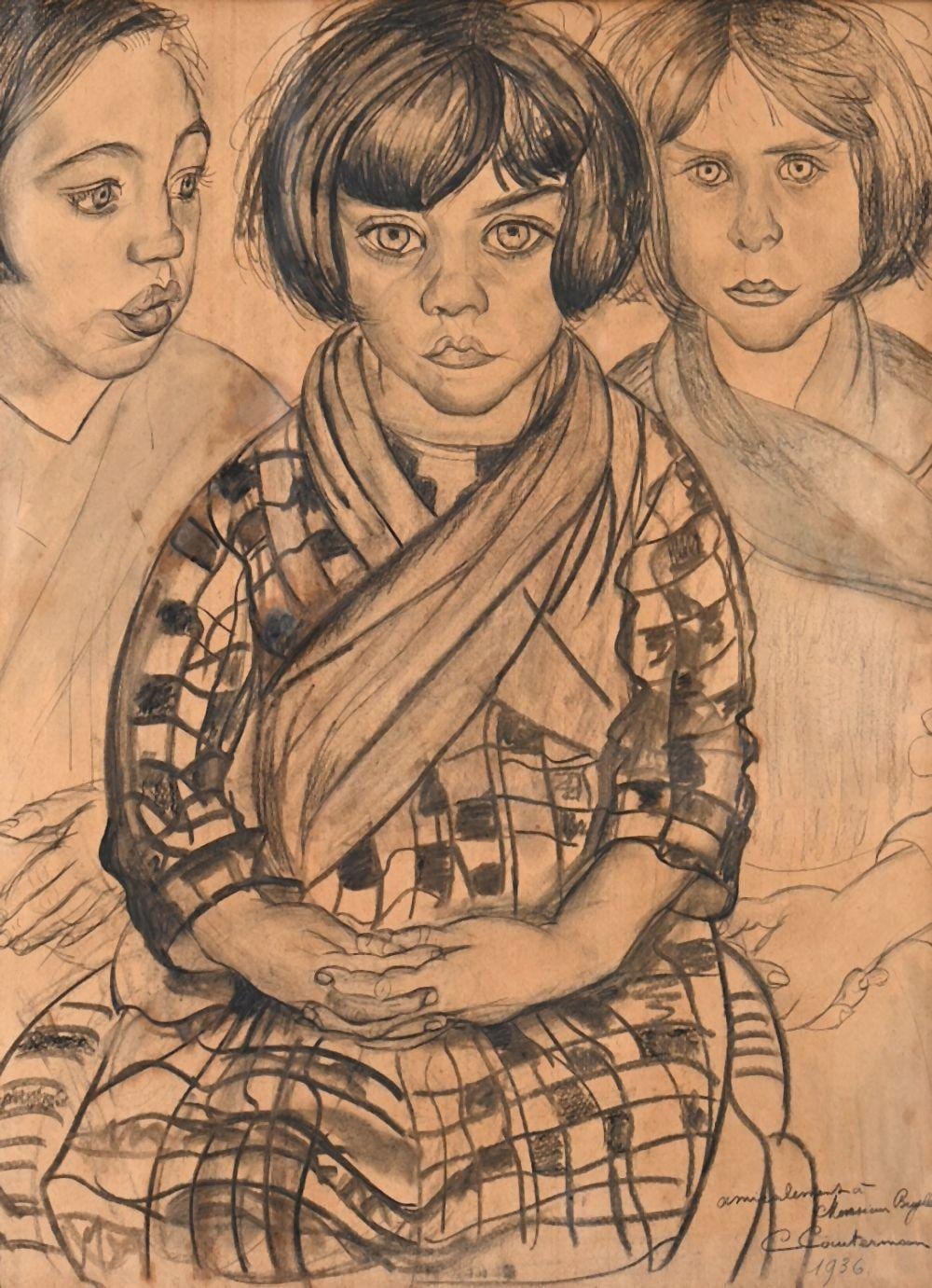 c cile cauterman 1936 charcoal drawing on paper three girls · Veilinghuis Loeckx · 2025-11-21 Cécile Cauterman comparable auction result: c cile cauterman 1936 charcoal drawing on paper three girls