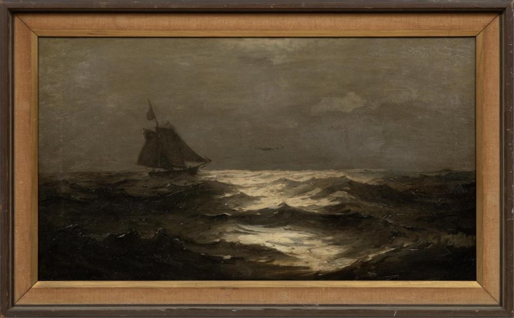Frank Knox Morton Rehn comparable auction result: frank knox morton rehn american 1848 1914 schooner at sail on moonlit seas oil on canvas