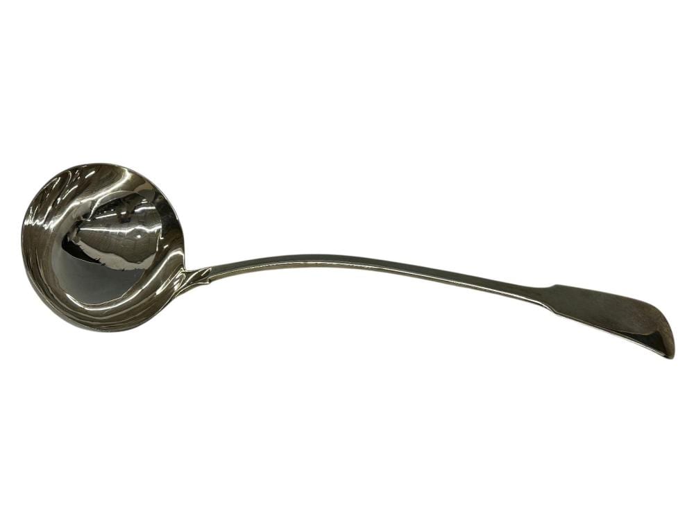 Polished silver serving ladle with a round bowl and curved handle on a white background.