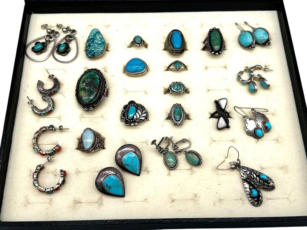 Auction comp thumbnail for Group of Sterling Silver, Turquoise Native American Jewelry (Dana J. Tharp Auctions, Lot 565)