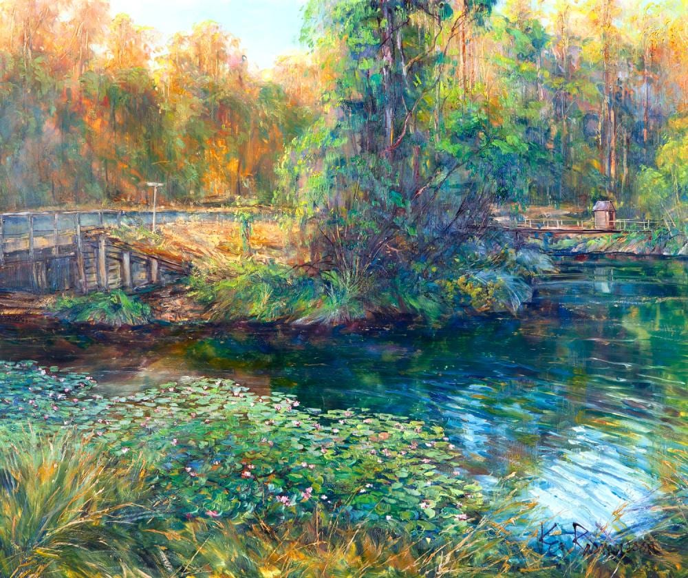 Ken Rasmussen comparable auction result: ken rasmussen margaret river water lilies at the town bridge at sunset oil on board