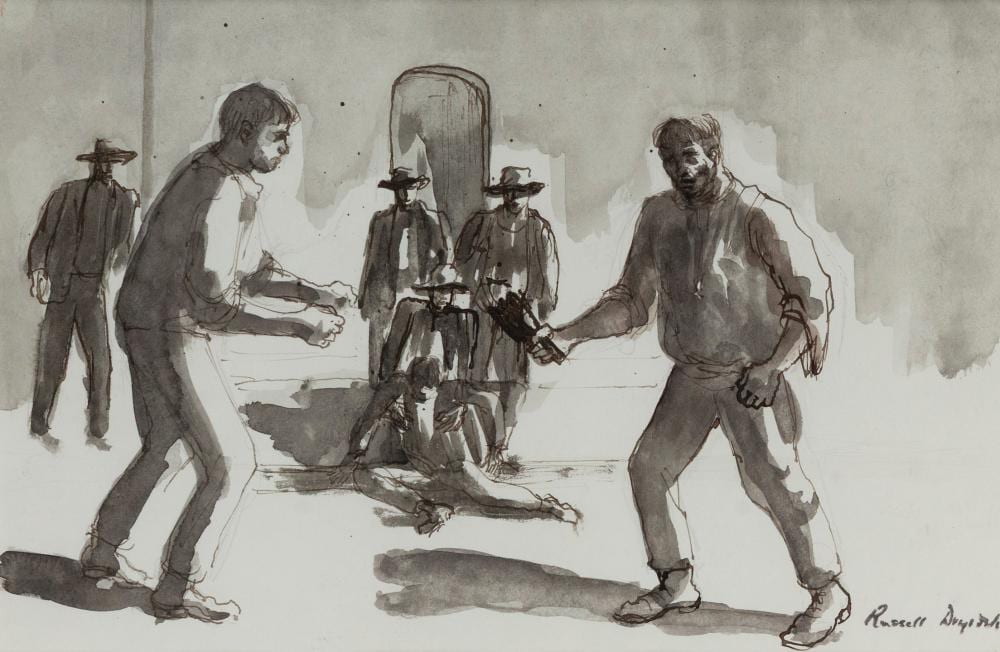Russell Drysdale comparable auction result: russell drysdale 1912 1981 the fight ink and wash on paper signed lower right russell drysdale 20 x 30cm 44 x 54cm overall