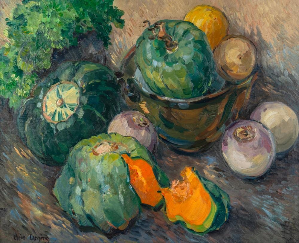 Criss Canning comparable auction result: criss canning 1947 pumpkins 1980 oil on canvas board signed lower left chris canning 50 x 60cm 67 x 77cm overall