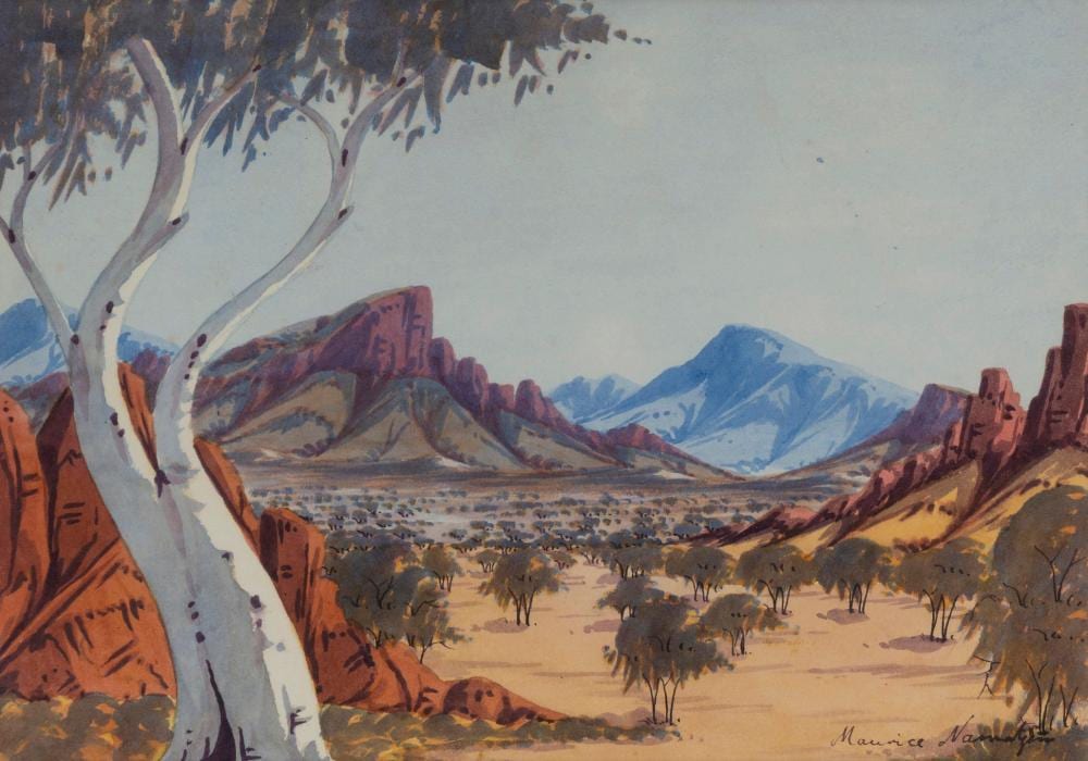 Maurice Namatjira comparable auction result: maurice namatjira 1938 1977 hermannsburg school landscape watercolour signed lower right maurice namatjira 24 x 34cm 47 x 57cm overall