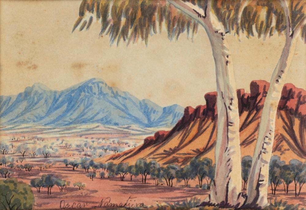 Oscar Namatjira comparable auction result: oscar namatjira 1922 1991 hermannsburg landscape watercolour signed lower left oscar namatjira 19 x 27cm 26 x 34cm overall