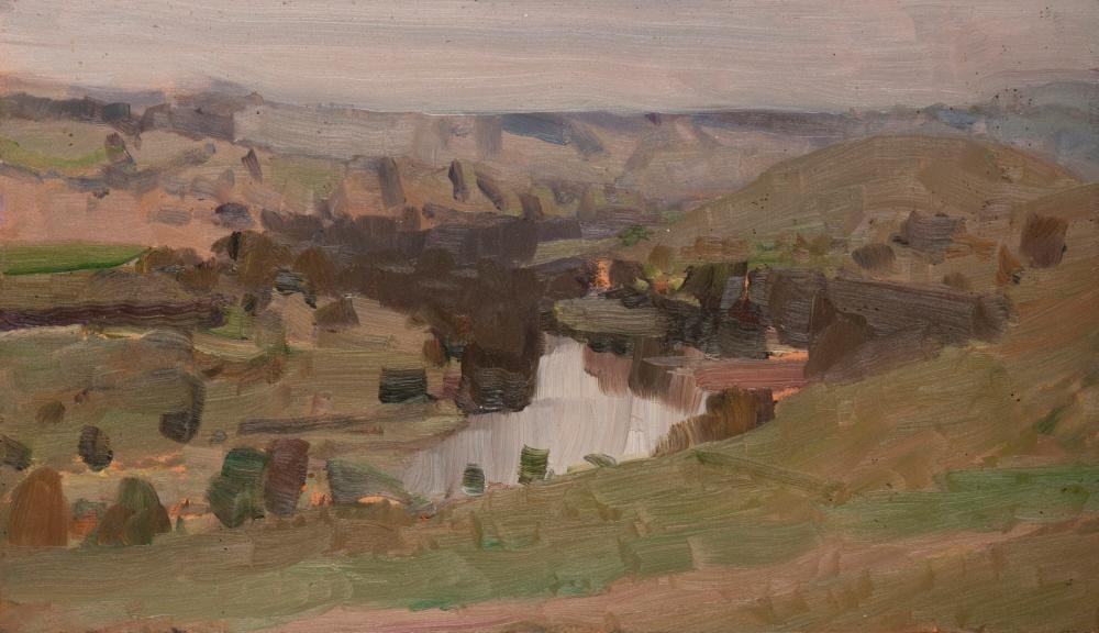 Chris Langlois comparable auction result: chris langlois 1969 sketch murrumbidgee river 2010 no 1 oil on board signed and titled verso rex irwin art dealer label verso 12 x 22cm 23 x 32cm overall