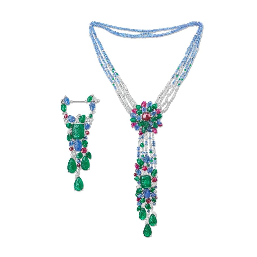 A UNIQUE MULTI-GEM 'TUTTI FRUTTI' NECKLACE AND BROOCH, BY Cartier. comparable sale