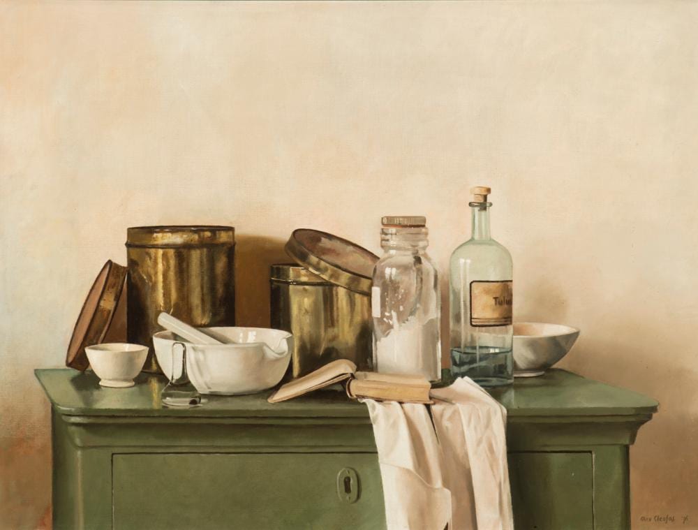 Olav Cleofas van Overbeek comparable auction result: olav cleofas van overbeek dutch 1946 stilleven op groen kastje met vijzel still life on green cabinet with mortar 1976