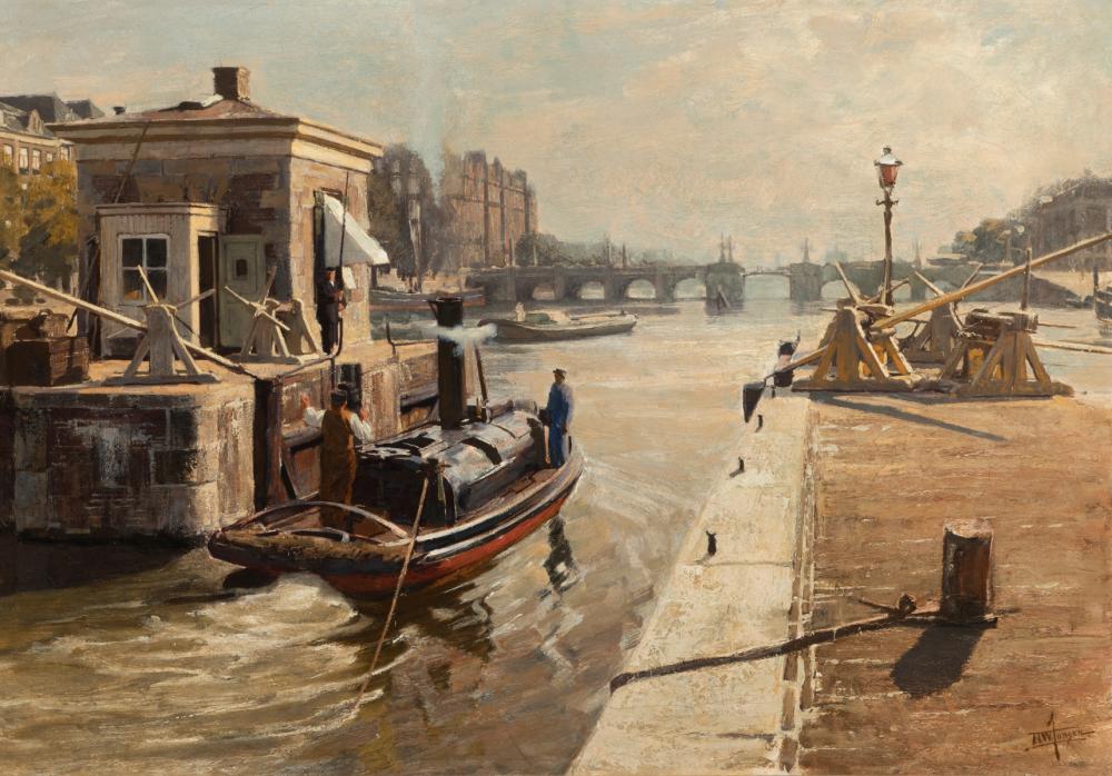 Hendrik Willebrord Jansen comparable auction result: hendrik willebrord jansen dutch 1855 1908 amstel locks with tugboat near carr amsterdam
