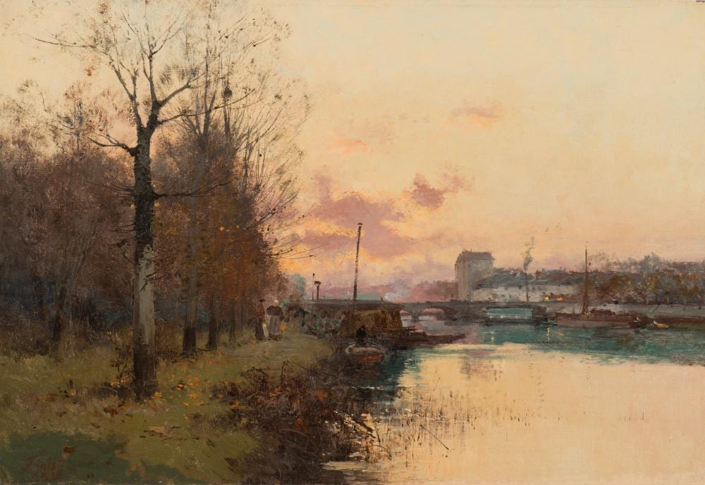 Fausto Giusto comparable auction result: fausto giusto italian 1867 1941 sunset over a river 1906