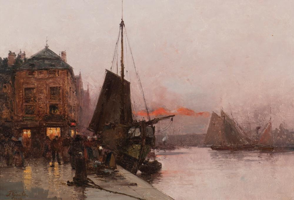 Fausto Giusto comparable auction result: fausto giusto italian 1867 1941 sunset at the habour 1906
