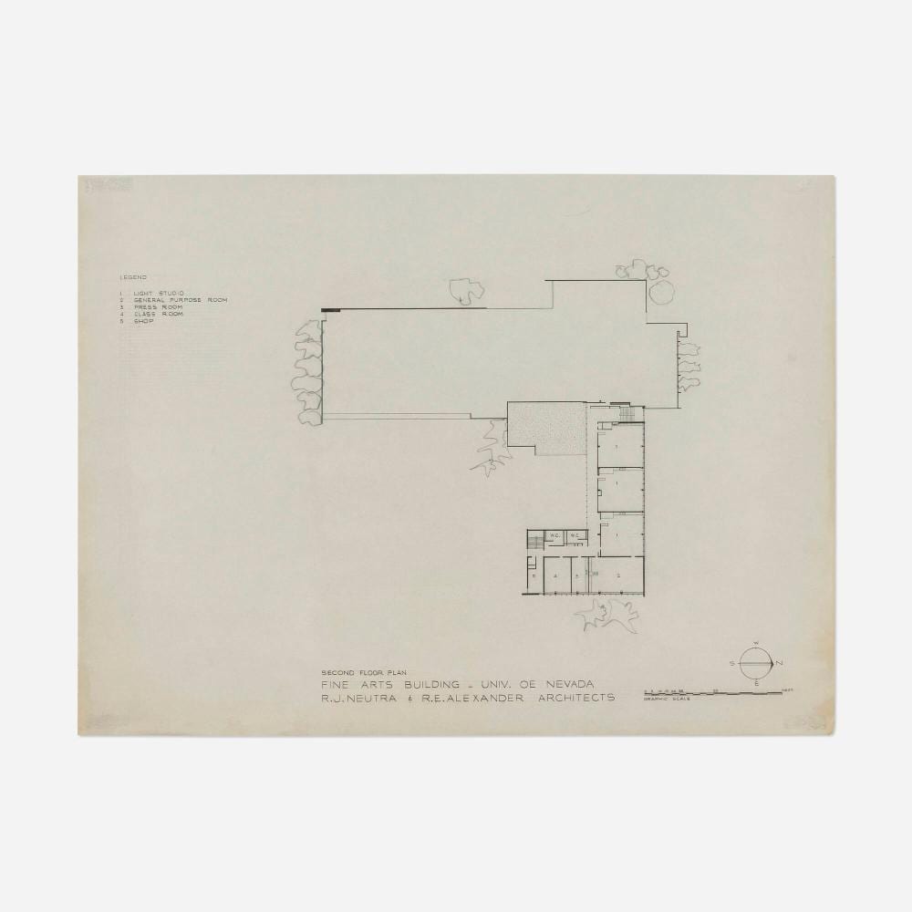 richard neutra architectural rending for the fine arts building university of nevada · Los Angeles Modern Auctions · 2025-11-20 Richard Neutra comparable auction result: richard neutra architectural rending for the fine arts building university of nevada