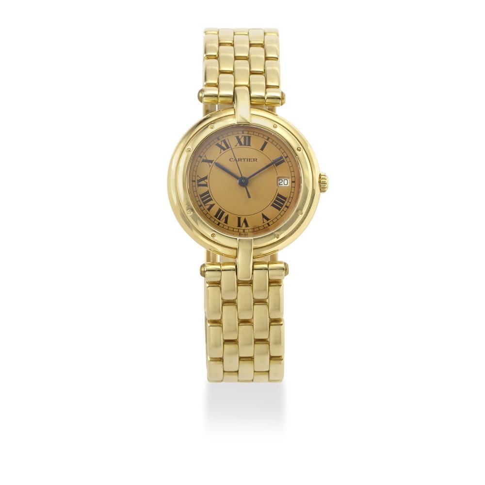 Gold wristwatch with a round face, Roman numeral dial, date window, and linked bracelet.