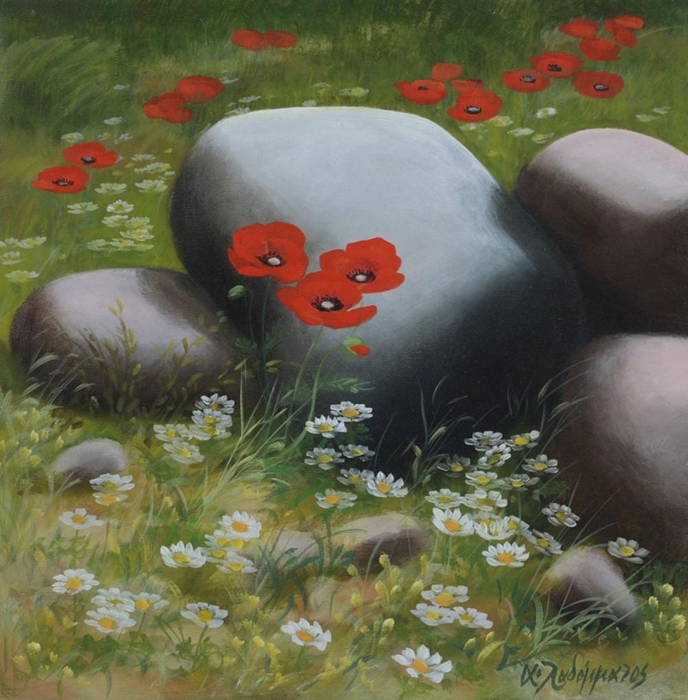 andreas ladommatos b 1940 poppies white daisies and stones c 1990 · Psatharis Auctions · 2025-12-03 Andreas Ladommatos comparable auction result: andreas ladommatos b 1940 poppies white daisies and stones c 1990