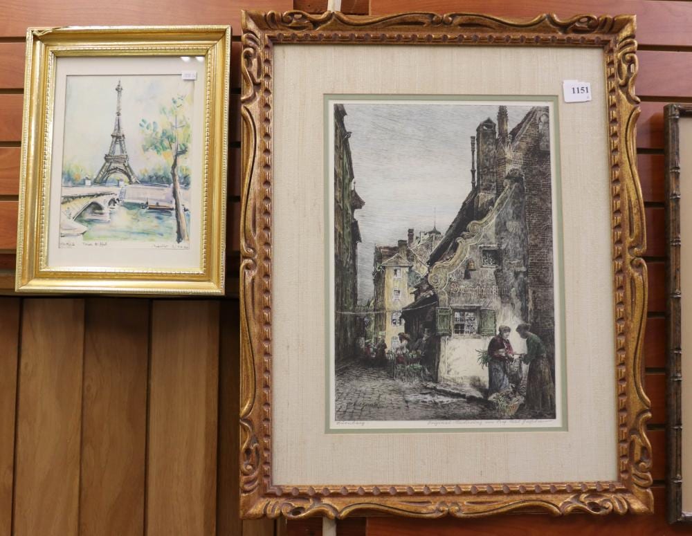 Paul Geissler comparable auction result: 2 europe prints paul geissler etching and girard eiffel tower print
