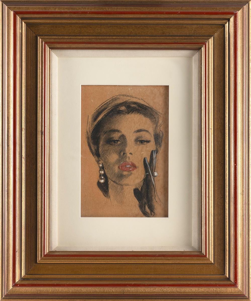 Howard Connolly comparable auction result: howard connolly rhode island 1903 1990 head of a woman an illustration for popular publications circa 1950 1951 pastel on paper 9 x 6 25 framed 21 5 x 18