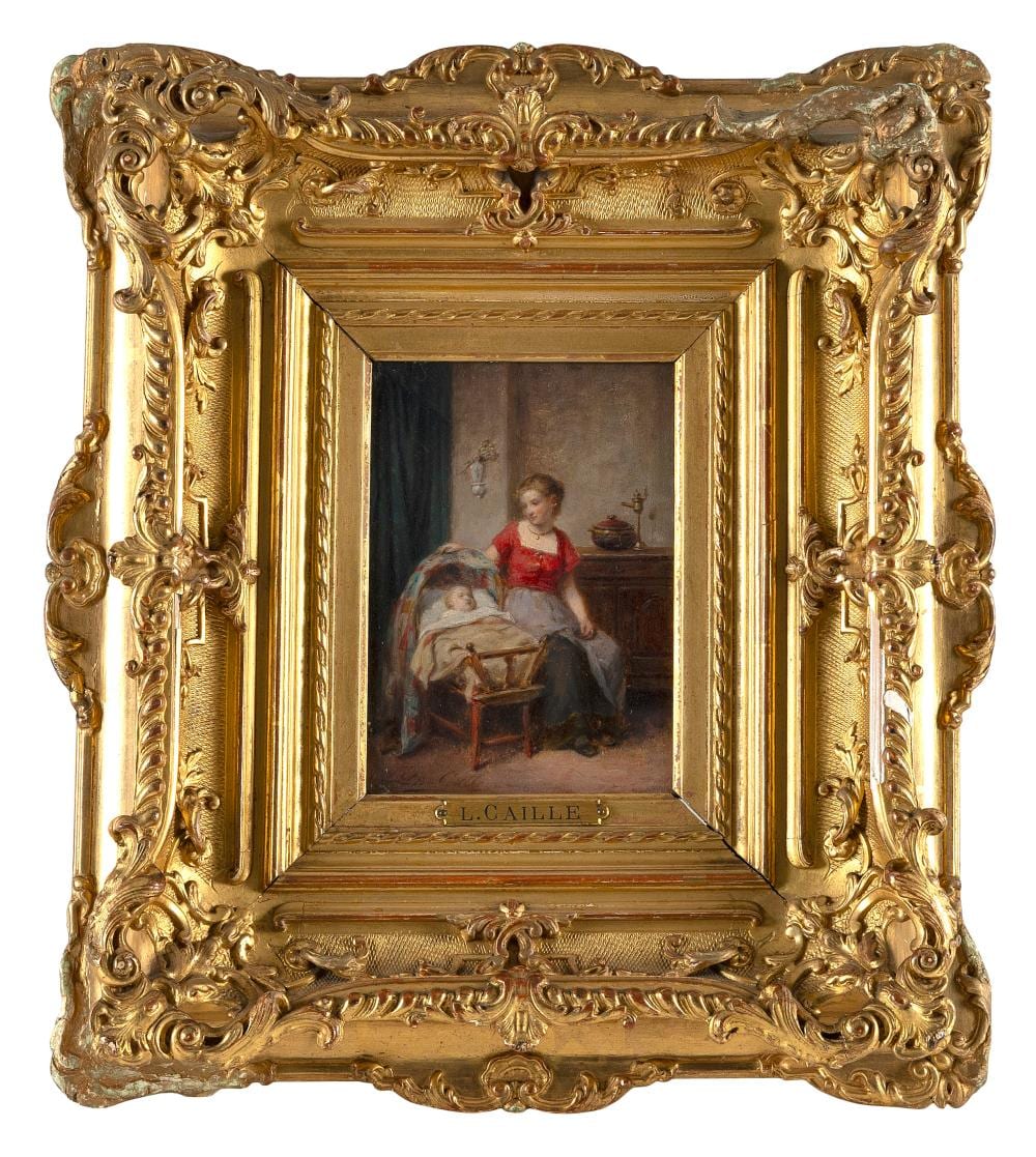 Léon Emile Caille comparable auction result: l on emile caille france 1836 1907 mother tending to a baby in a cradle oil on panel 6 x 4 75 framed 14 x 12