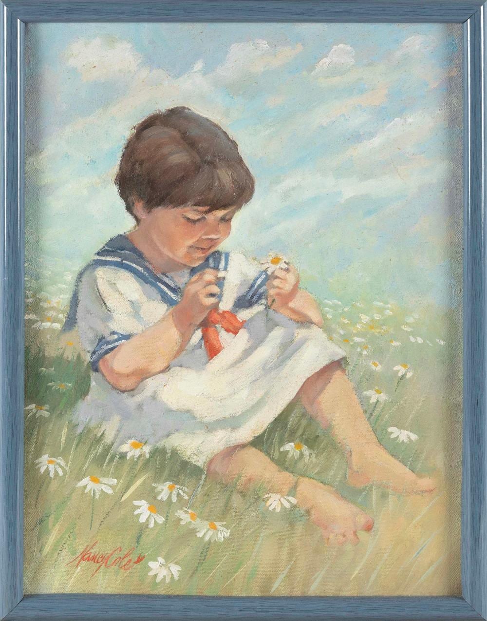 Nancy M. Cole comparable auction result: nancy m cole massachusetts 1930 2016 a young child picking daisies oil on artist panel 15 25 x 11 framed 17 x 13 25