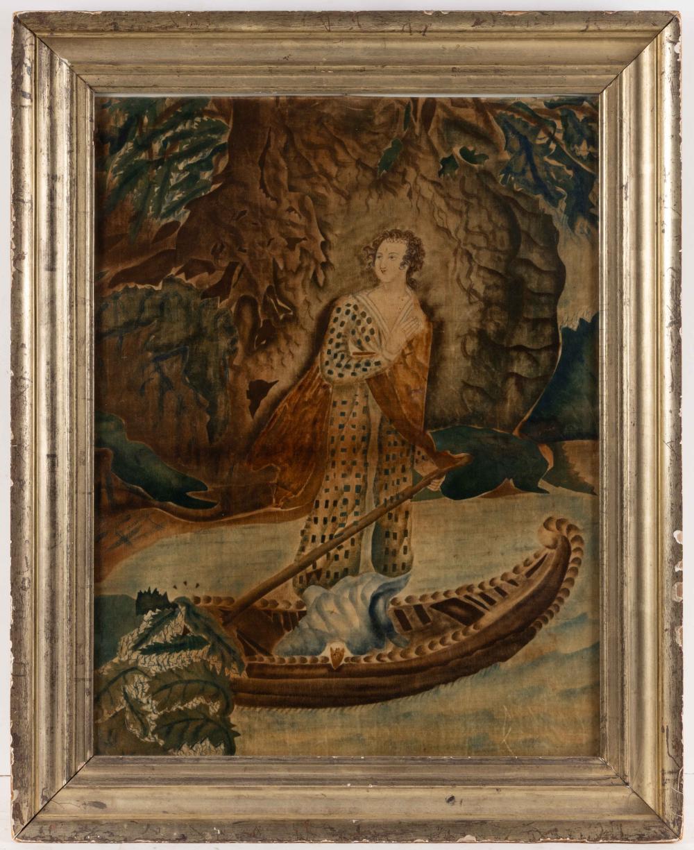 AMERICAN SCHOOL (19TH CENTURY) FOLK ART "THE LADY OF THE LAKE" THEOREM PAINTING sold by Jeffrey S. Evans & Associates, lot 2268 — auction record photograph