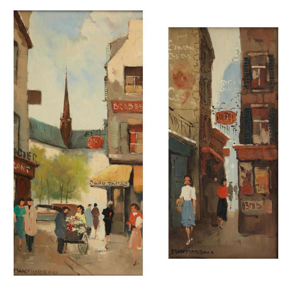 Max Moreau comparable auction result: max moreau 20th century figures in a city streetscape 2 oil on canvas 19 3 4 x 9 1 2in 49 5 x 24cm 24 1 4 x 12 1 4in 60 5 x 30 5cm