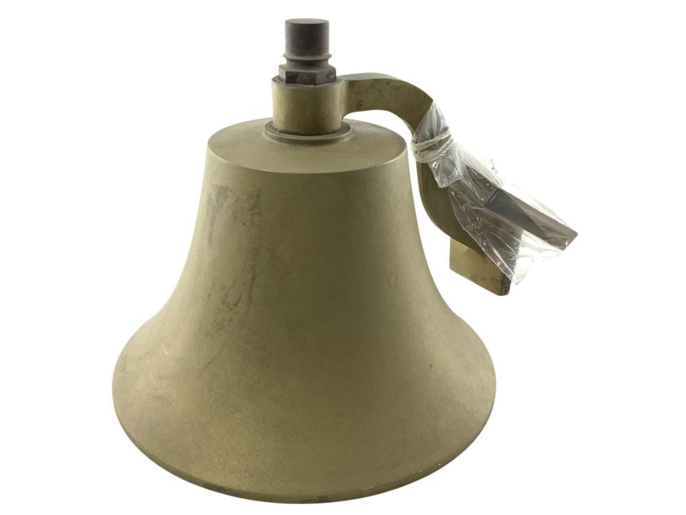 Brass bell with a black mounting ring and a small striker stem, photographed on a white background.