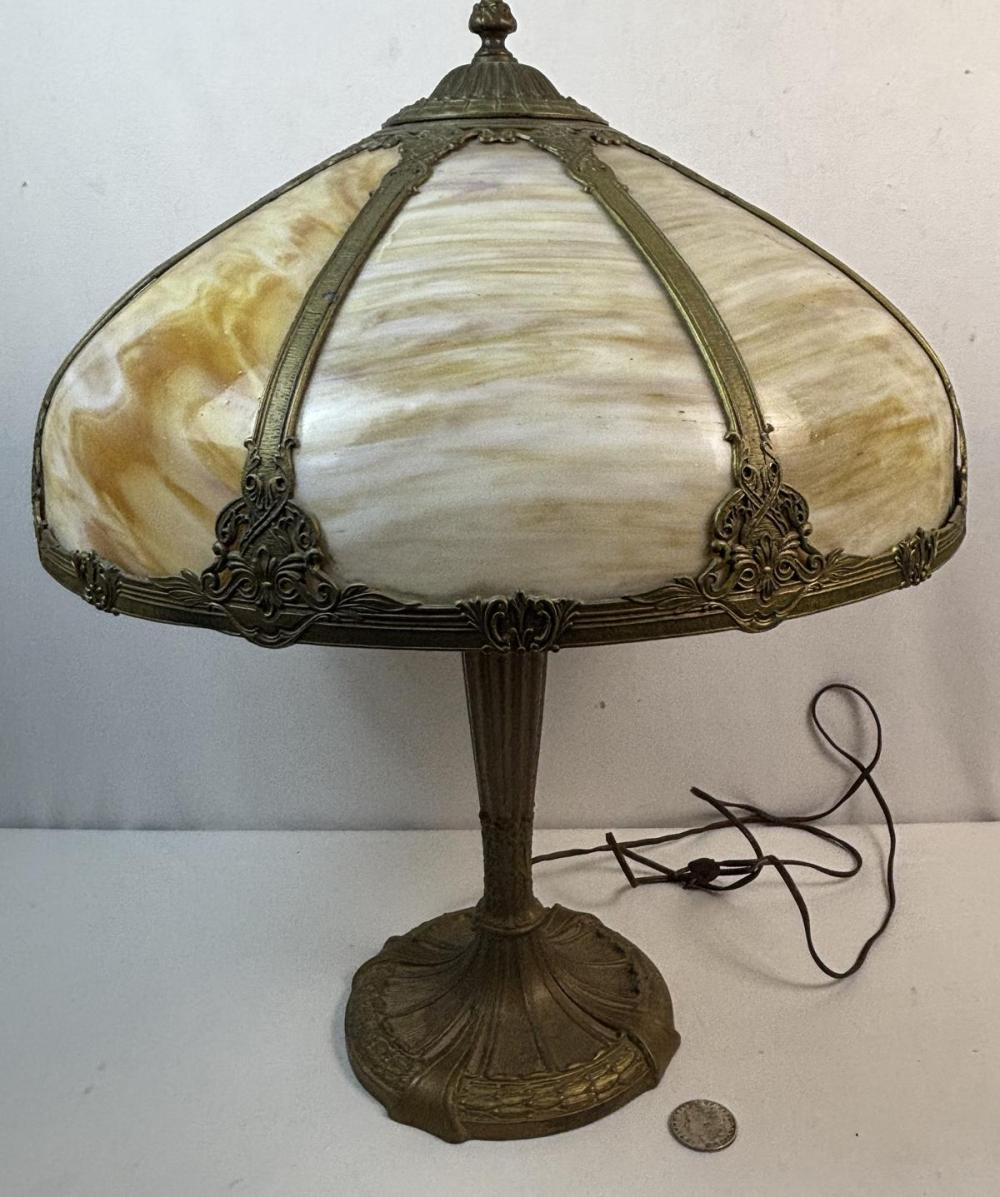 Antique c. 1915 Arts and Crafts Royal Art Glass NYC Table Lamp w/ Slag Glass Shade WORKS sold by One Source Auctions, lot 120 — auction record photograph