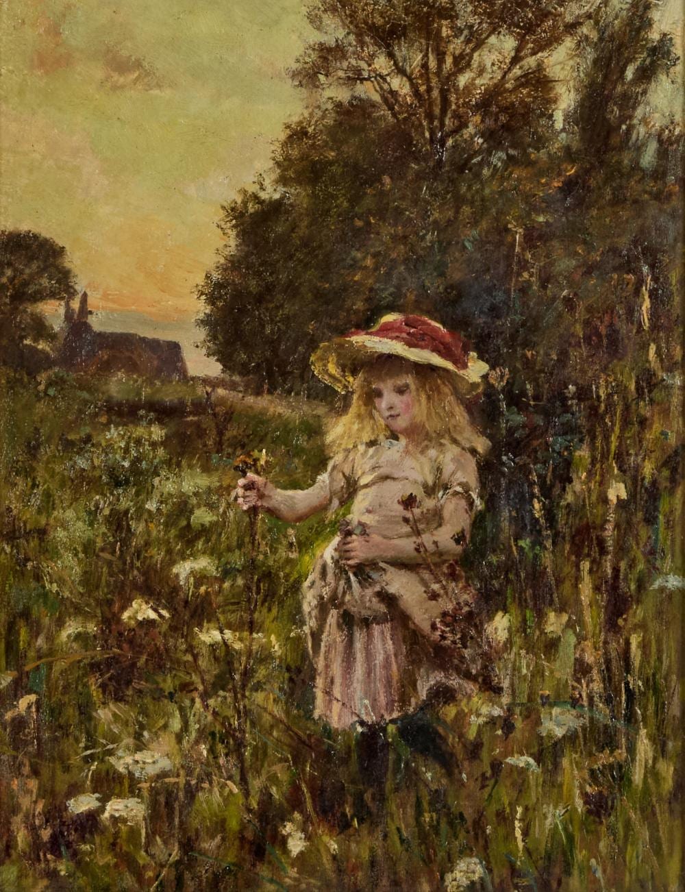 James Charles comparable auction result: james charles 1851 1906 summer country scenes a girl picking flowers and at the cottage door