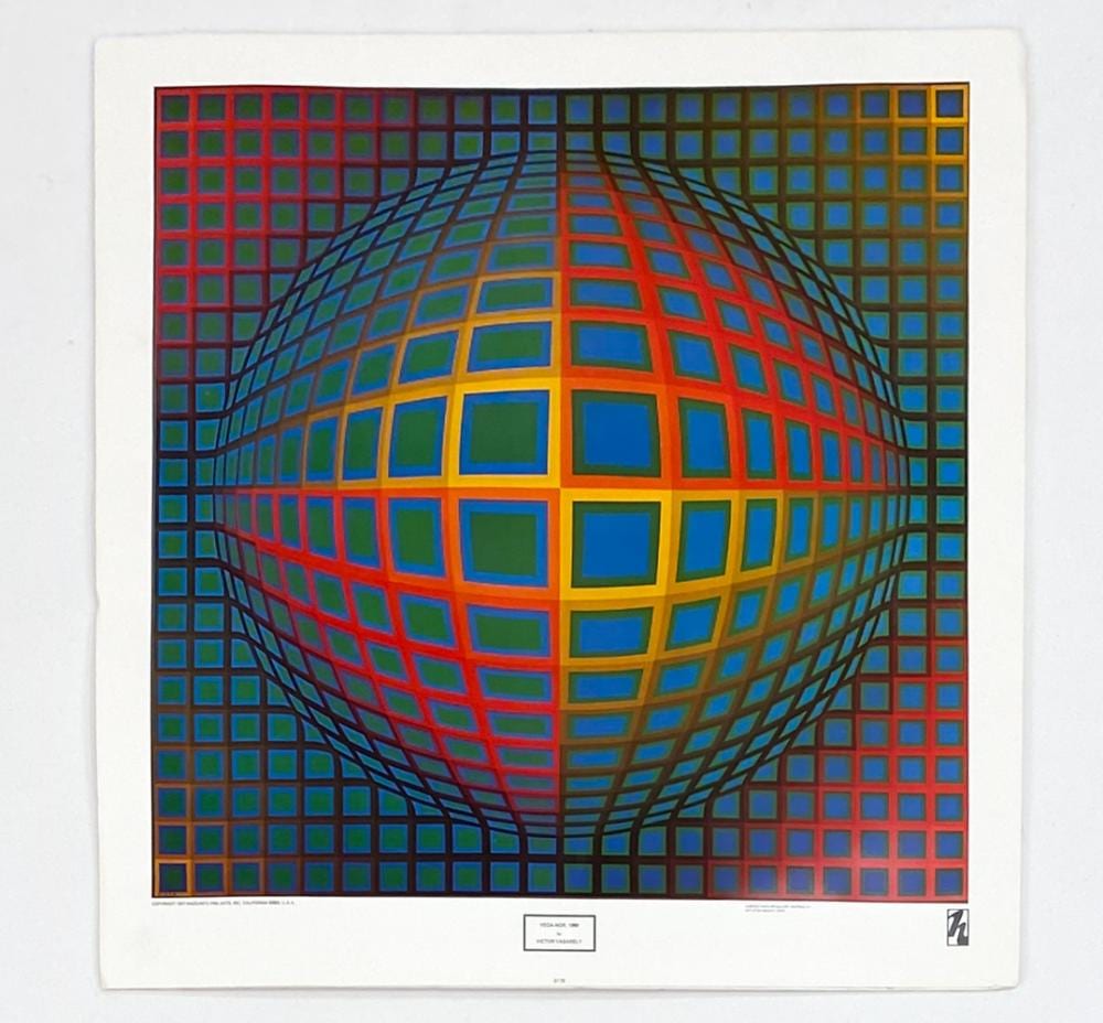 Color optical-art print with a warped square grid forming a rounded central shape.