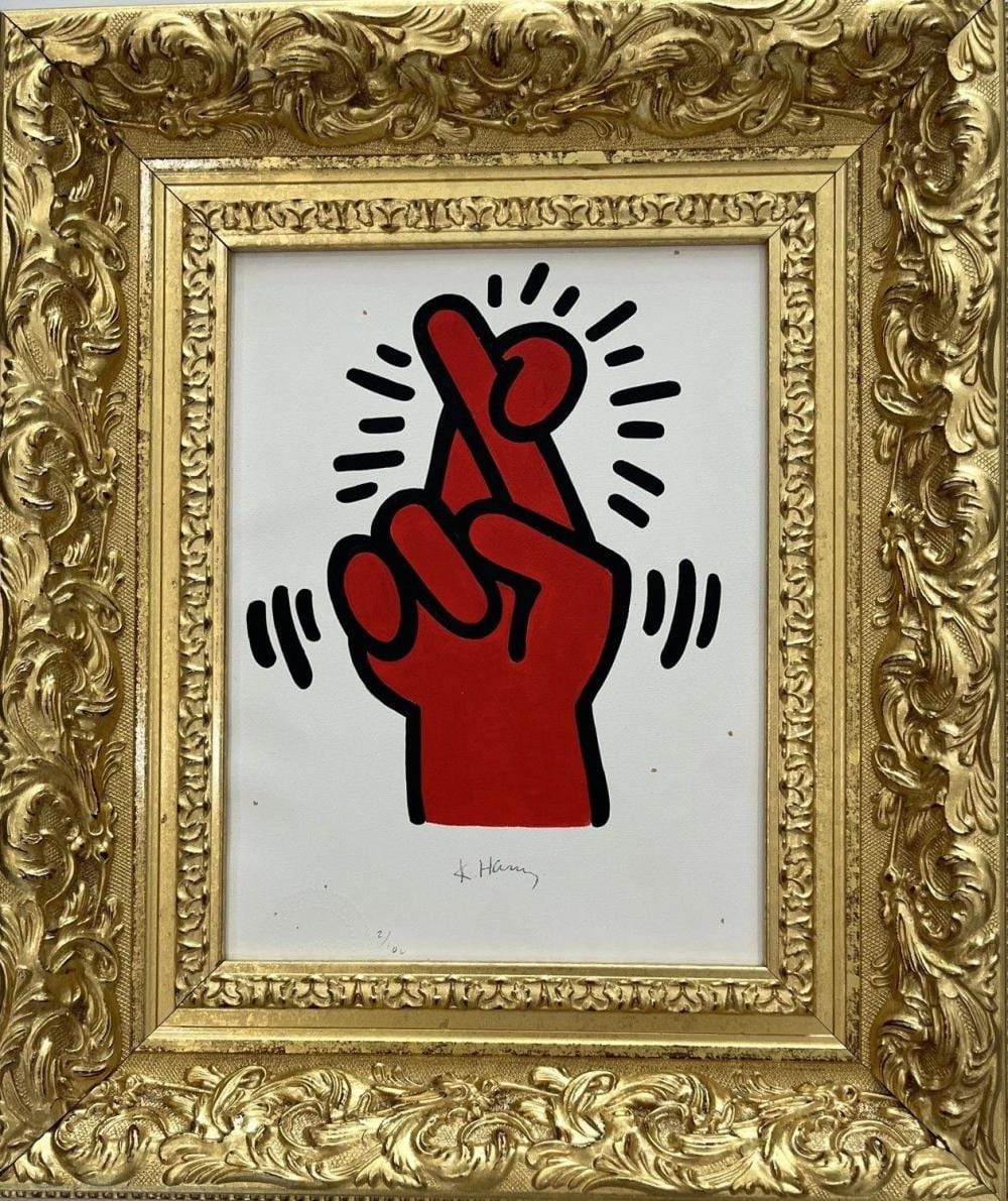 KEITH HARING 1958-1990 [AFTER] "FINGERS CROSSED" SCREENPRINT, EDITIONED 2/100, SIGNATURE LOWER RIGHT, PUBLISHERS BLINDSTAMP, SIGHT 30X23CMS, FRAMED. sold by WA Art Auctions, lot 36 — auction record photograph