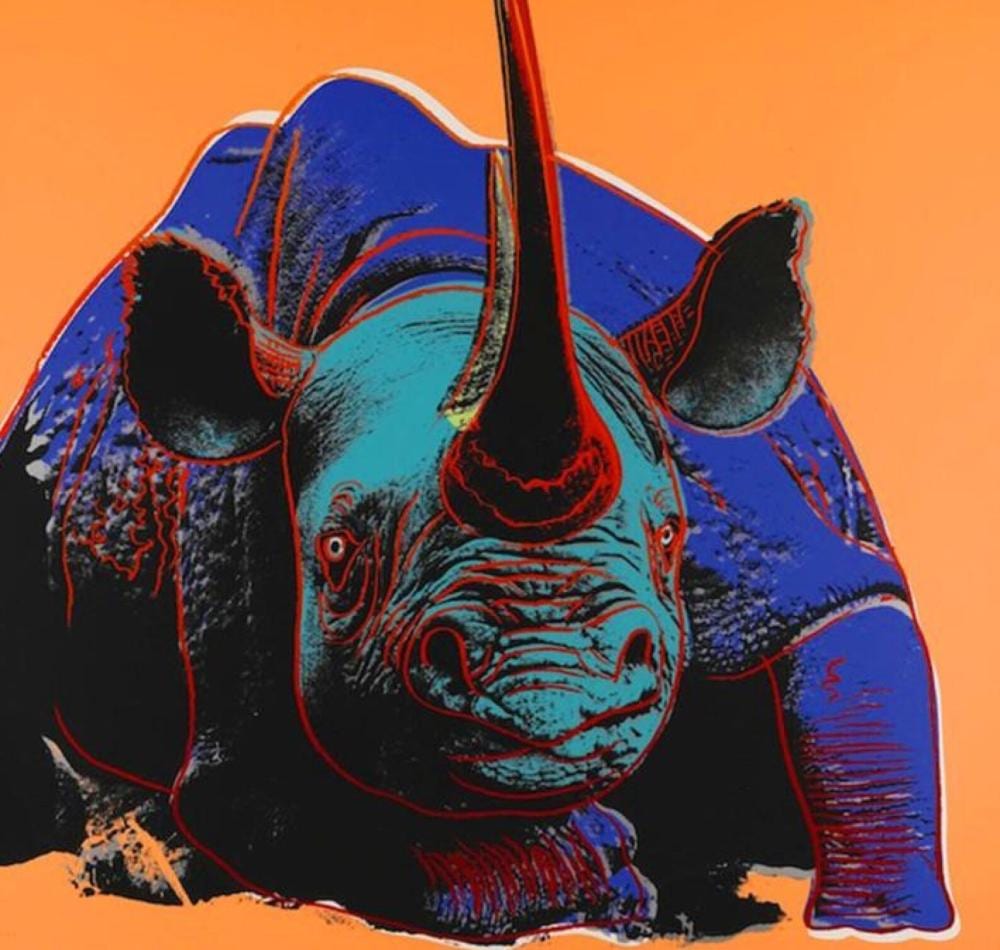 ANDY WARHOL 1928-1987 [AFTER] "RHINOCEROUS" FROM THE ENDANGERED SPECIES SERIES"PRINT ON LENNOX MUSEUM BOARD, BLINDSTAMPED & STAMPED VERSO, 97X97CMS, UNFRAMED. sold by WA Art Auctions, lot 96 — auction record photograph
