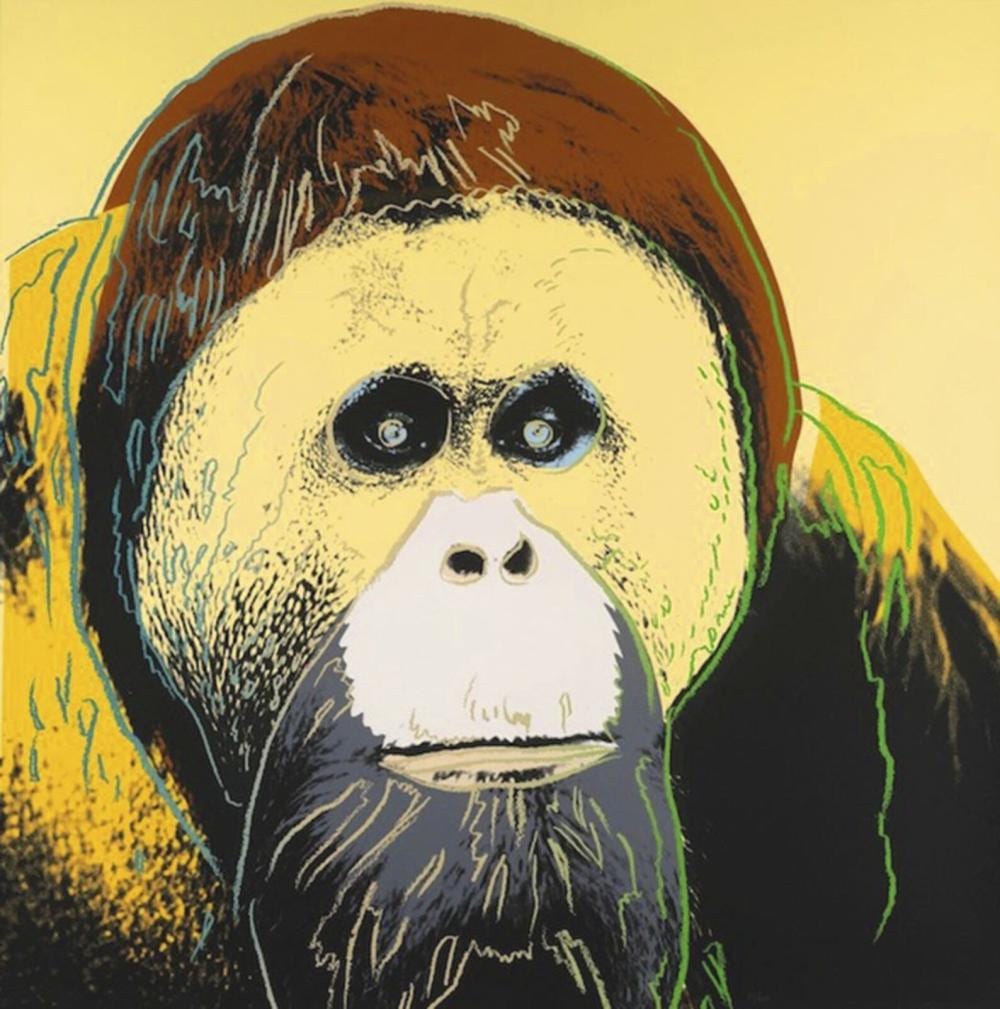 ANDY WARHOL 1928-1987 [AFTER] "ORANGUTAN" FROM THE ENDANGERED SPECIES SERIES"PRINT ON LENNOX MUSEUM BOARD, BLINDSTAMPED & STAMPED VERSO, 97X97CMS, UNFRAMED. sold by WA Art Auctions, lot 98 — auction record photograph